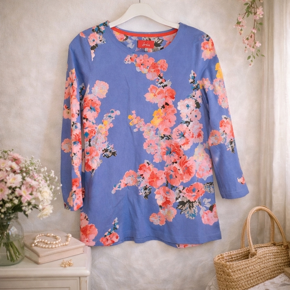 Joules Blue Floral Tunic Blouse 3/4 Sleeve Spring Garden Top Size 8